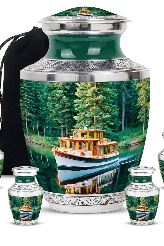 Sea Green Teal Boat Cremation Urn lifestyle display on memorial shelf - modern art-inspired boat motif on sleek aluminum - memorial set with one large and four small urns
