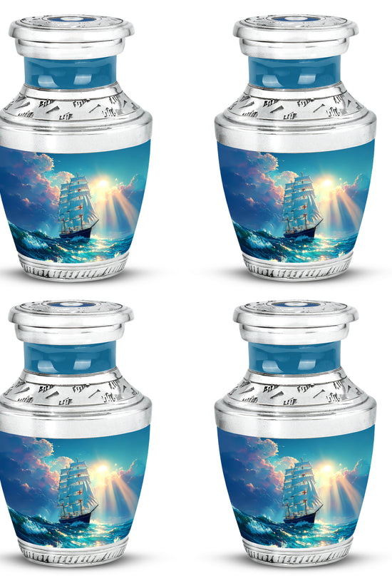 Ocean Teal Boat Cremation Urn back view with polished surface - contemporary boat design with modern artistic flair - 10 inch aluminum urn for cremated remains