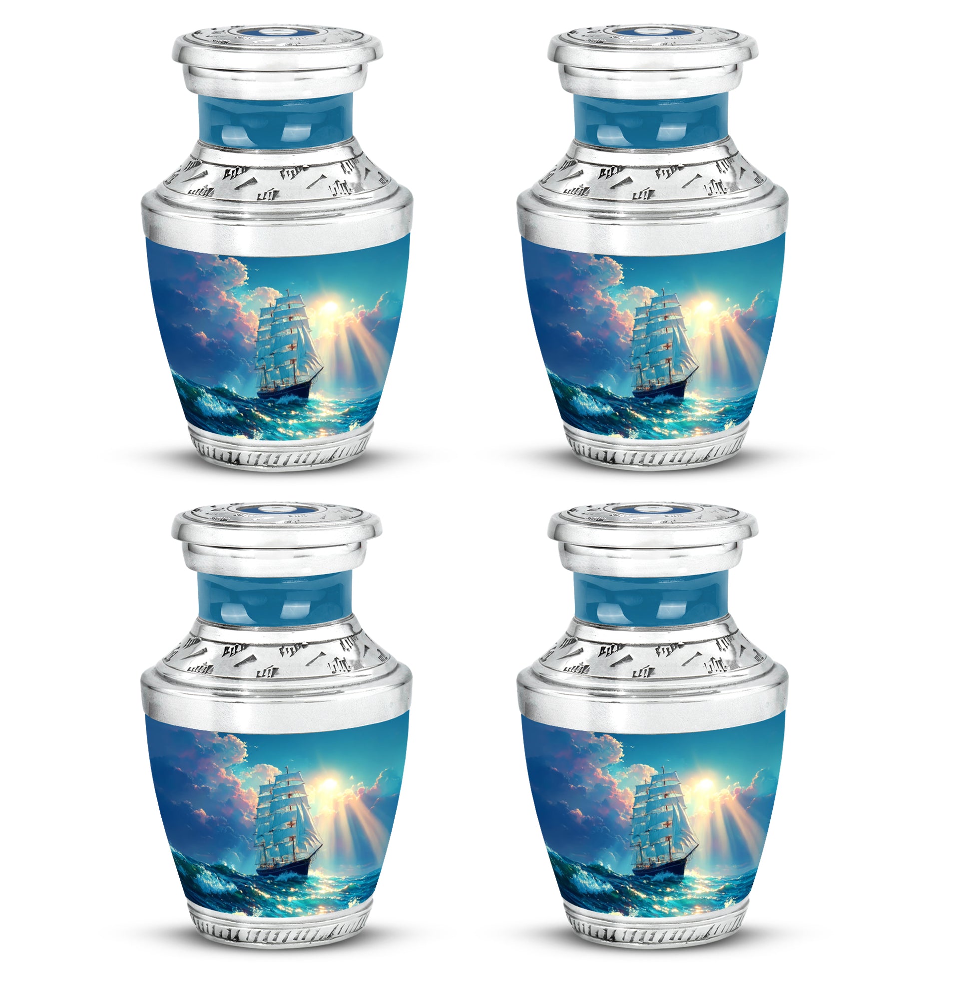 Ocean Teal Boat Cremation Urn back view with polished surface - contemporary boat design with modern artistic flair - 10 inch aluminum urn for cremated remains