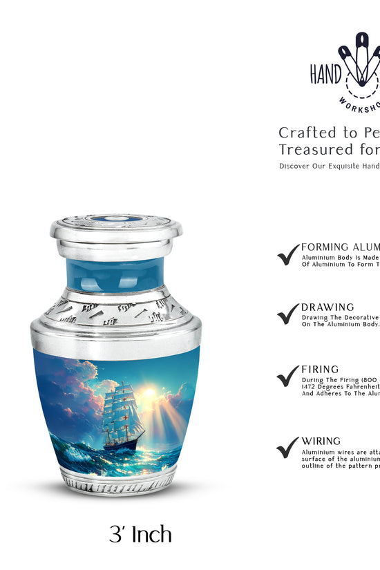 Soft Teal Boat Cremation Urn top-down view of secure threaded lid - contemporary boat design with modern artistic flair - mini keepsake memorial for portion of cremation ashes