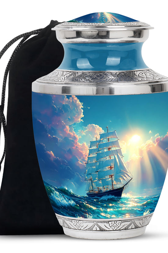Ocean Teal Boat Cremation Urn side profile showing urn shape - contemporary boat design with modern artistic flair - full-size 10 inch 200 cubic inch adult cremation urn