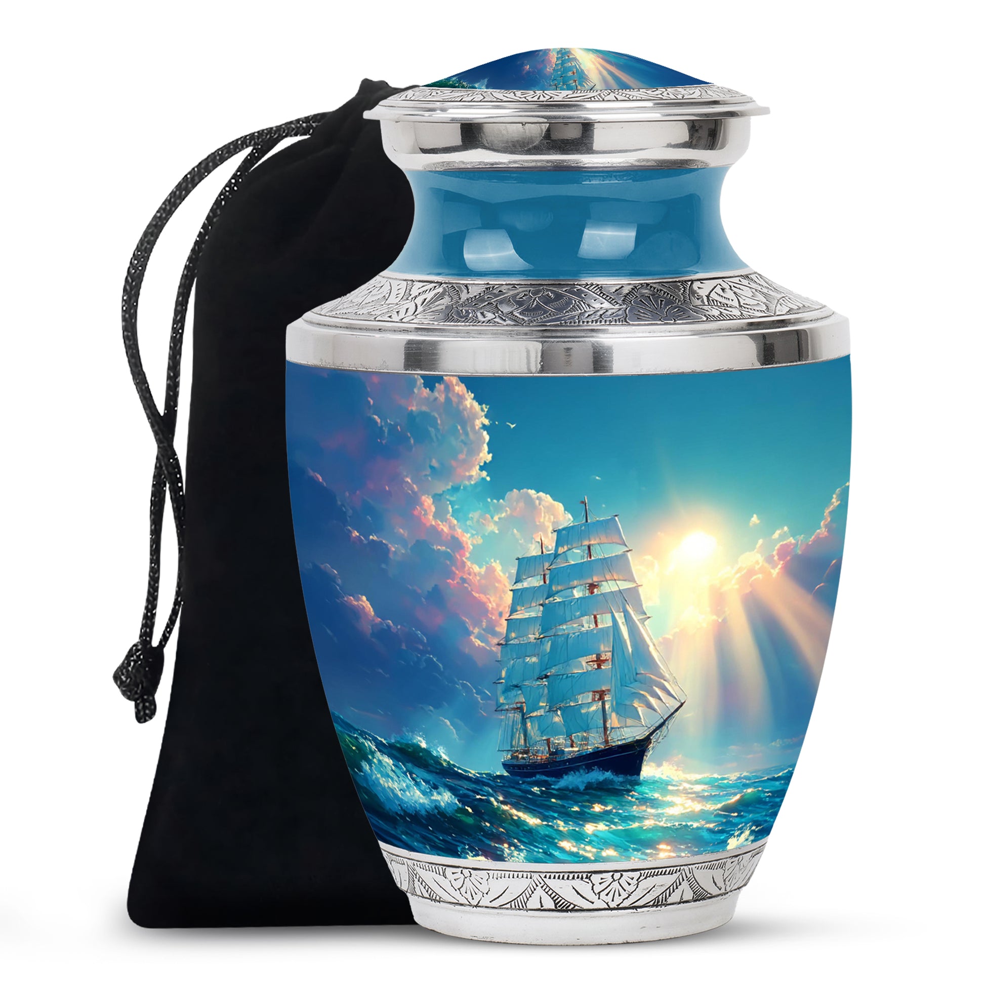 Ocean Teal Boat Cremation Urn side profile showing urn shape - contemporary boat design with modern artistic flair - full-size 10 inch 200 cubic inch adult cremation urn