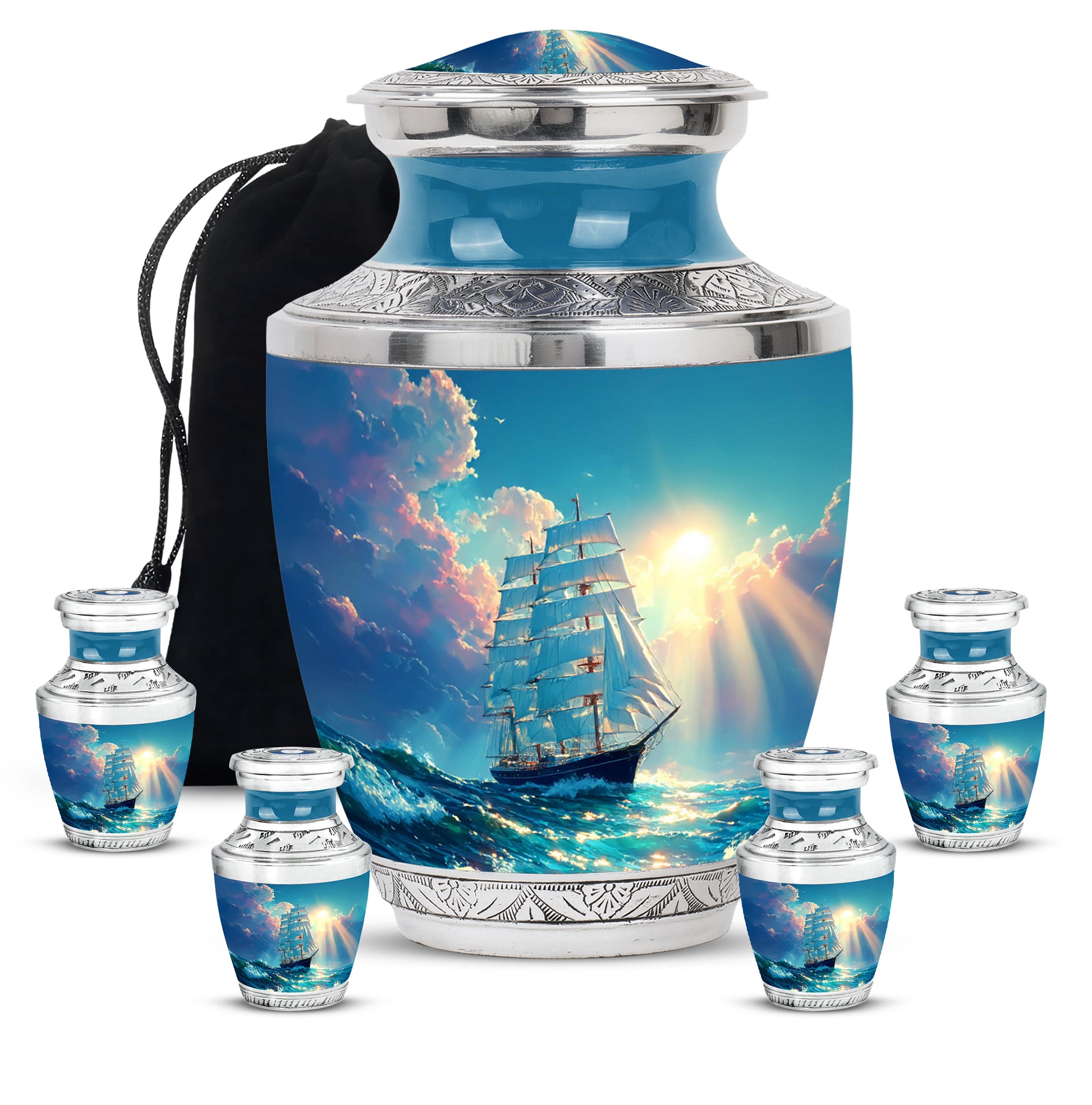 Cool Teal Boat Cremation Urn lifestyle display on memorial shelf - modern art-inspired boat motif on sleek aluminum - memorial set with one large and four small urns