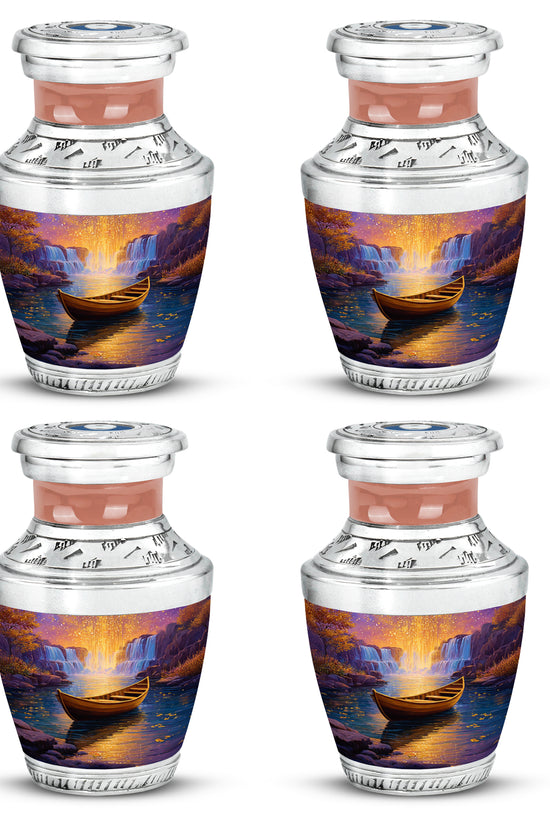 Salmon Pink Boat Cremation Urn back view with polished surface - stylized abstract boat pattern with bold lines - 10 inch aluminum urn for cremated remains