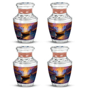 Salmon Pink Boat Cremation Urn back view with polished surface - stylized abstract boat pattern with bold lines - 10 inch aluminum urn for cremated remains