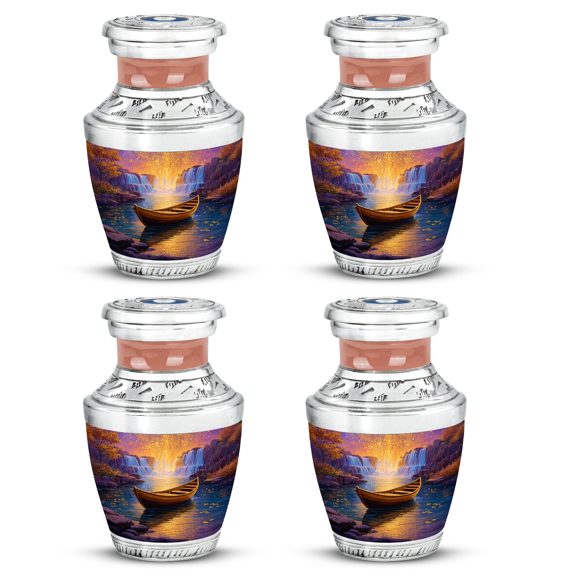 Salmon Pink Boat Cremation Urn back view with polished surface - stylized abstract boat pattern with bold lines - 10 inch aluminum urn for cremated remains