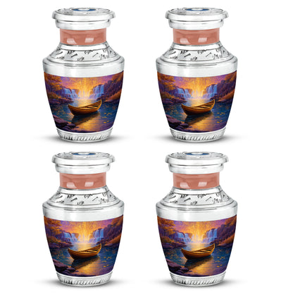 Salmon Pink Boat Cremation Urn back view with polished surface - stylized abstract boat pattern with bold lines - 10 inch aluminum urn for cremated remains