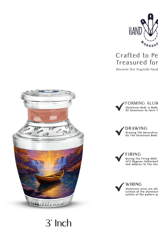 Soft Pink Boat Cremation Urn top-down view of secure threaded lid - stylized abstract boat pattern with bold lines - mini keepsake memorial for portion of cremation ashes
