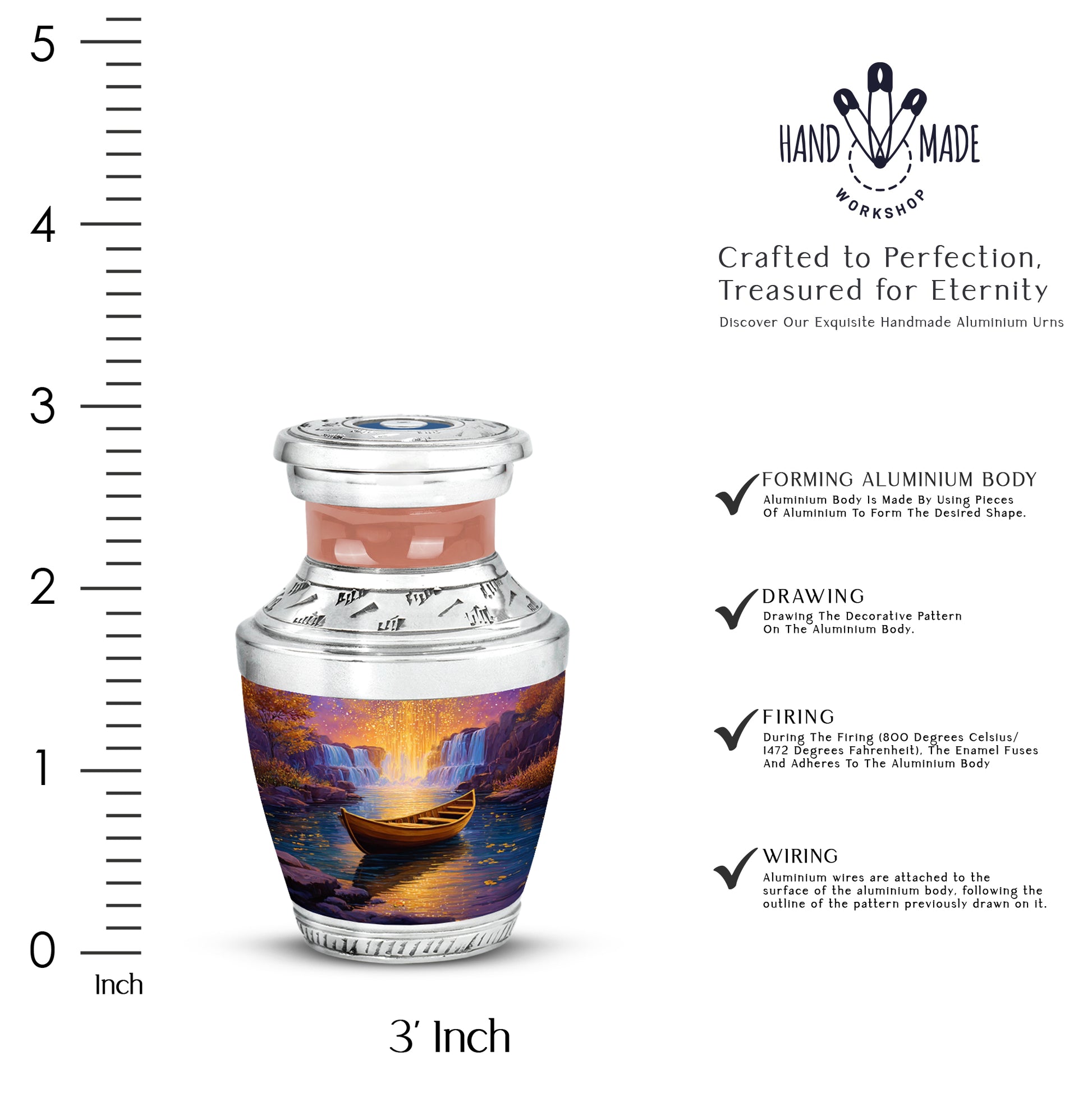Soft Pink Boat Cremation Urn top-down view of secure threaded lid - stylized abstract boat pattern with bold lines - mini keepsake memorial for portion of cremation ashes