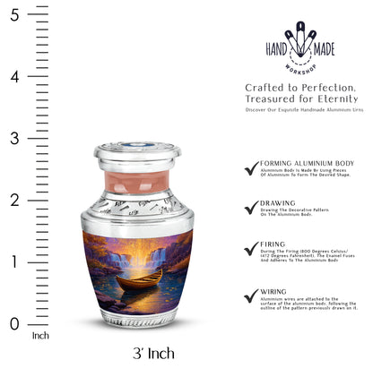 Soft Pink Boat Cremation Urn top-down view of secure threaded lid - stylized abstract boat pattern with bold lines - mini keepsake memorial for portion of cremation ashes