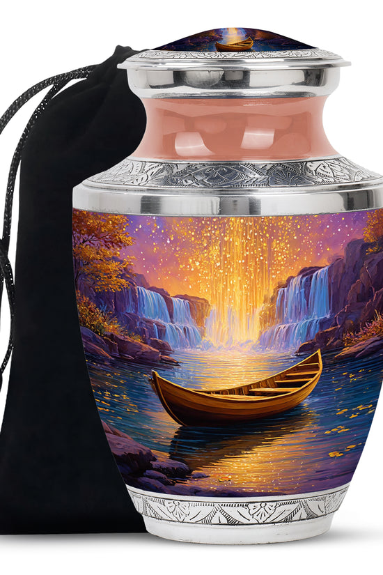 Peony Pink Boat Cremation Urn side profile showing urn shape - contemporary boat design with modern artistic flair - full-size 10 inch 200 cubic inch adult cremation urn