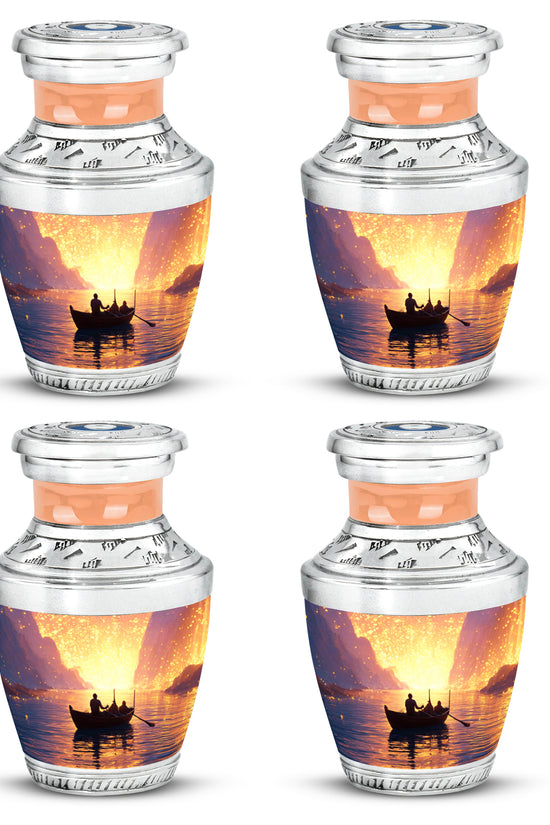 Wine Red Boat Cremation Urn back view with polished surface - contemporary boat design with modern artistic flair - 10 inch aluminum urn for cremated remains