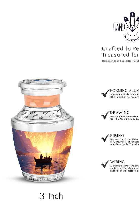 Fiery Red Boat Cremation Urn top-down view of secure threaded lid - artistic boat interpretation with creative detail - mini keepsake memorial for portion of cremation ashes