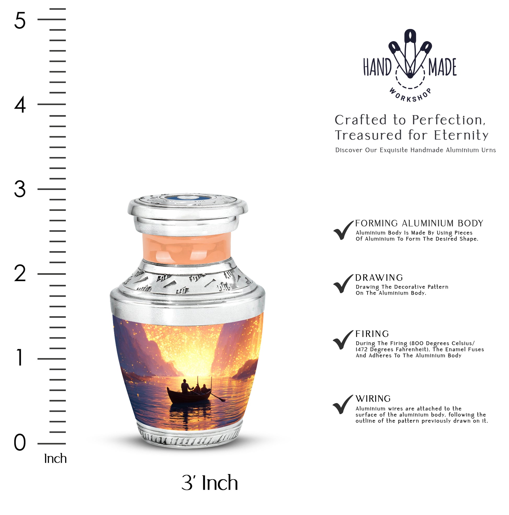 Fiery Red Boat Cremation Urn top-down view of secure threaded lid - artistic boat interpretation with creative detail - mini keepsake memorial for portion of cremation ashes