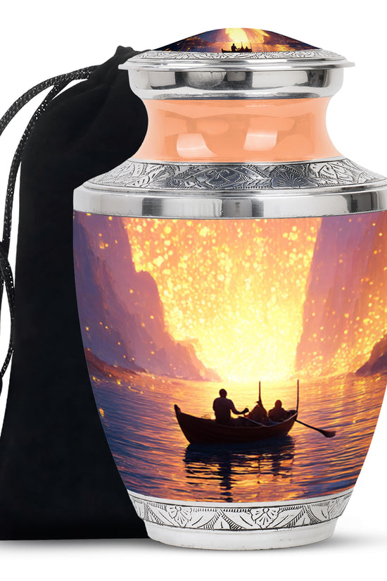 Rich Red Boat Cremation Urn side profile showing urn shape - artistic boat interpretation with creative detail - full-size 10 inch 200 cubic inch adult cremation urn