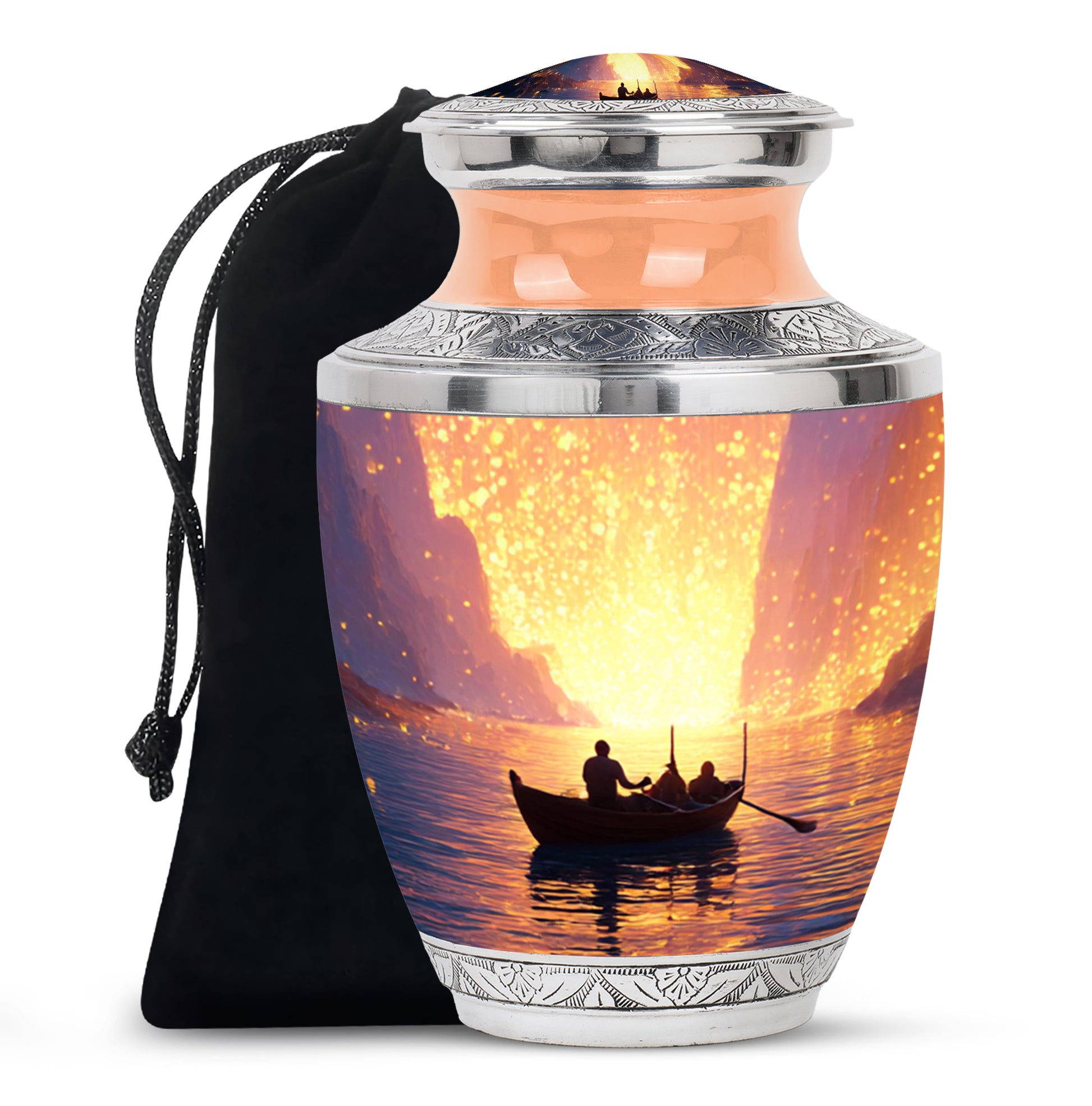 Rich Red Boat Cremation Urn side profile showing urn shape - artistic boat interpretation with creative detail - full-size 10 inch 200 cubic inch adult cremation urn