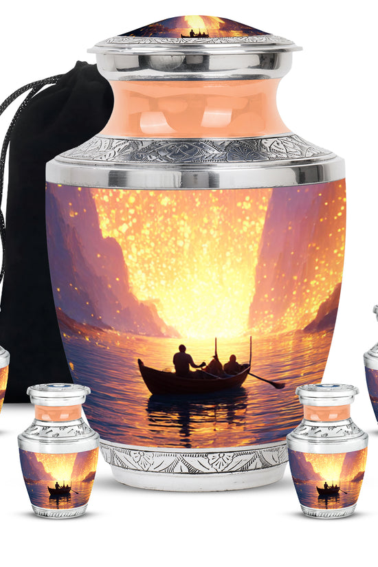 Cherry Red Boat Cremation Urn lifestyle display on memorial shelf - stylized abstract boat pattern with bold lines - memorial set with one large and four small urns