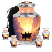 Cherry Red Boat Cremation Urn lifestyle display on memorial shelf - stylized abstract boat pattern with bold lines - memorial set with one large and four small urns