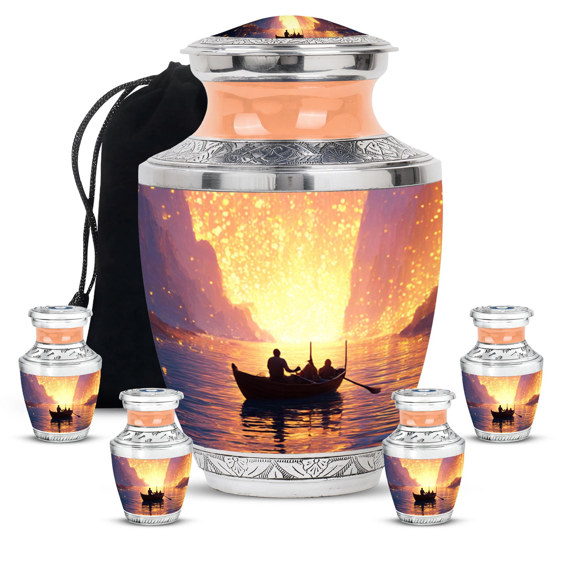 Cherry Red Boat Cremation Urn lifestyle display on memorial shelf - stylized abstract boat pattern with bold lines - memorial set with one large and four small urns