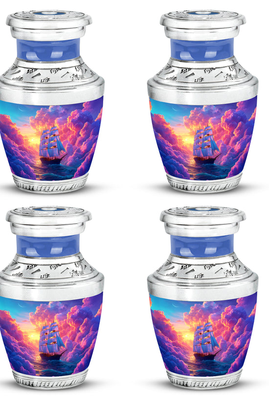 Violet Purple Boat Cremation Urn back view with polished surface - artistic boat interpretation with creative detail - 10 inch aluminum urn for cremated remains
