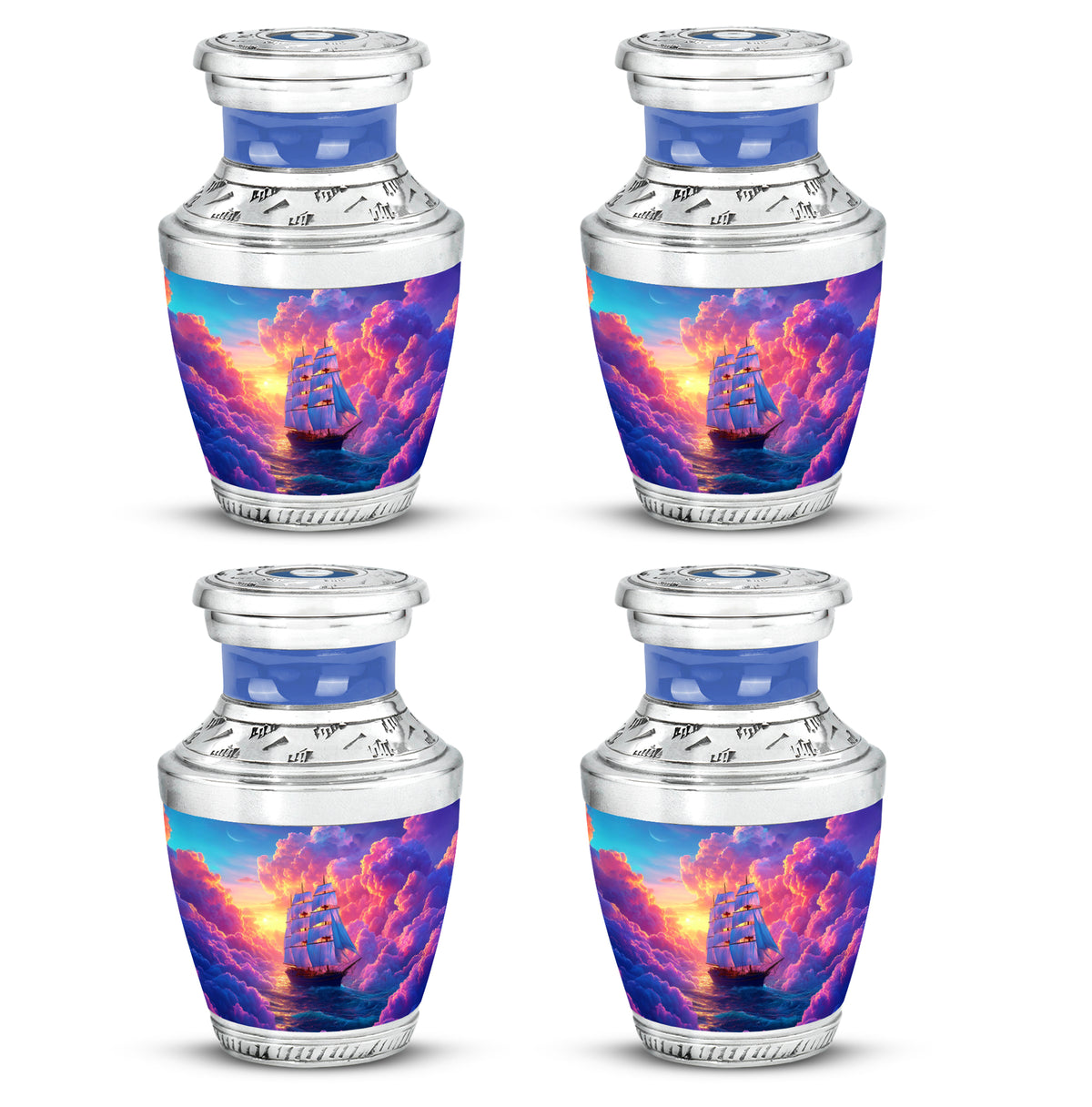 Violet Purple Boat Cremation Urn back view with polished surface - artistic boat interpretation with creative detail - 10 inch aluminum urn for cremated remains
