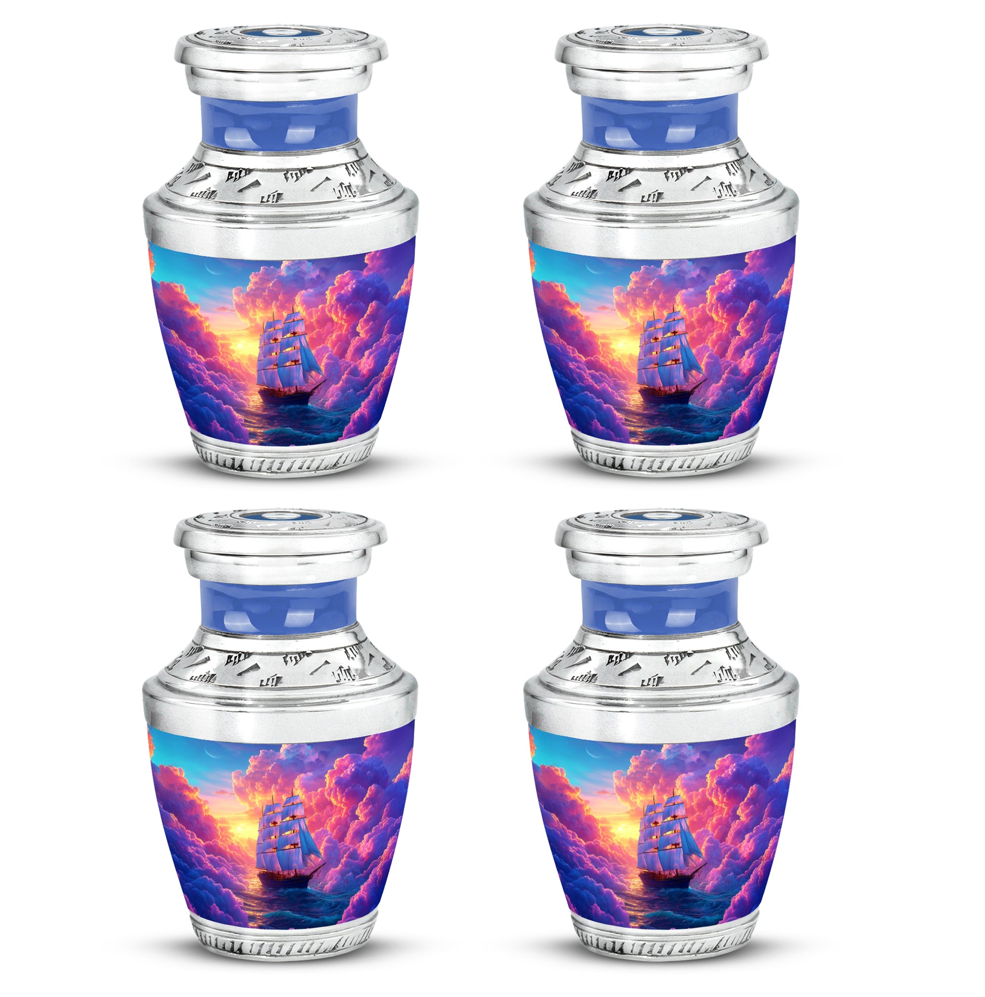 Violet Purple Boat Cremation Urn back view with polished surface - artistic boat interpretation with creative detail - 10 inch aluminum urn for cremated remains
