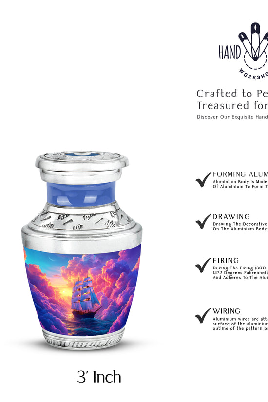 Twilight Purple Boat Cremation Urn top-down view of secure threaded lid - stylized abstract boat pattern with bold lines - mini keepsake memorial for portion of cremation ashes