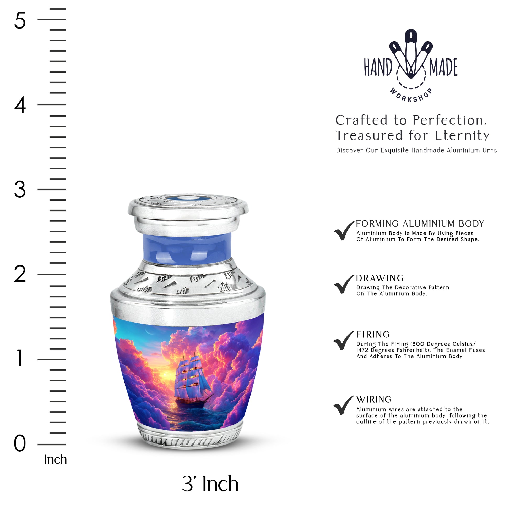 Twilight Purple Boat Cremation Urn top-down view of secure threaded lid - stylized abstract boat pattern with bold lines - mini keepsake memorial for portion of cremation ashes
