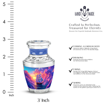 Twilight Purple Boat Cremation Urn top-down view of secure threaded lid - stylized abstract boat pattern with bold lines - mini keepsake memorial for portion of cremation ashes