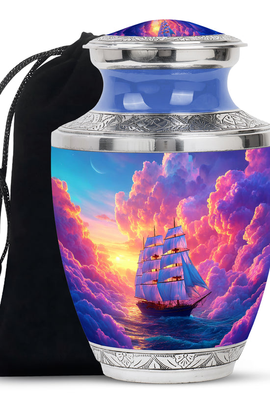 Twilight Purple Boat Cremation Urn side profile showing urn shape - stylized abstract boat pattern with bold lines - full-size 10 inch 200 cubic inch adult cremation urn