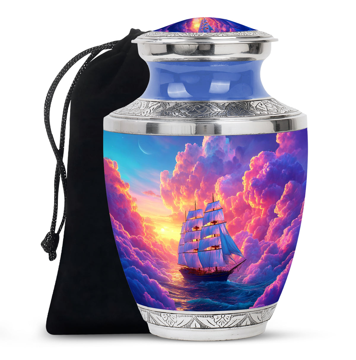 Twilight Purple Boat Cremation Urn side profile showing urn shape - stylized abstract boat pattern with bold lines - full-size 10 inch 200 cubic inch adult cremation urn