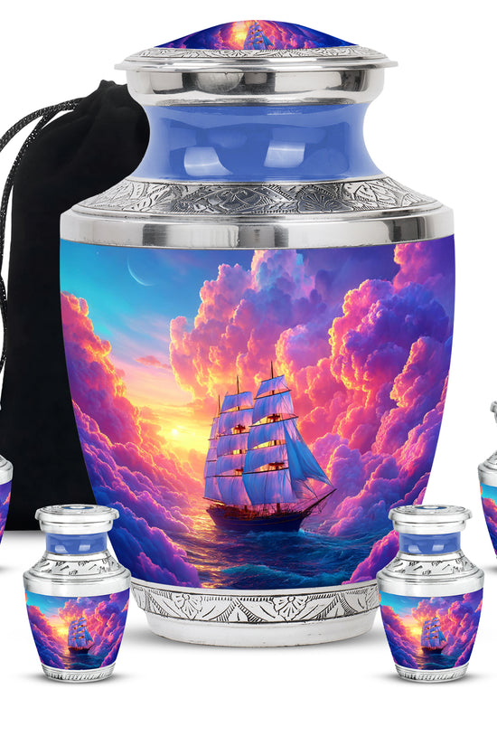 Royal Purple Boat Cremation Urn lifestyle display on memorial shelf - stylized abstract boat pattern with bold lines - memorial set with one large and four small urns