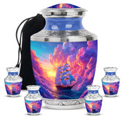 Royal Purple Boat Cremation Urn lifestyle display on memorial shelf - stylized abstract boat pattern with bold lines - memorial set with one large and four small urns
