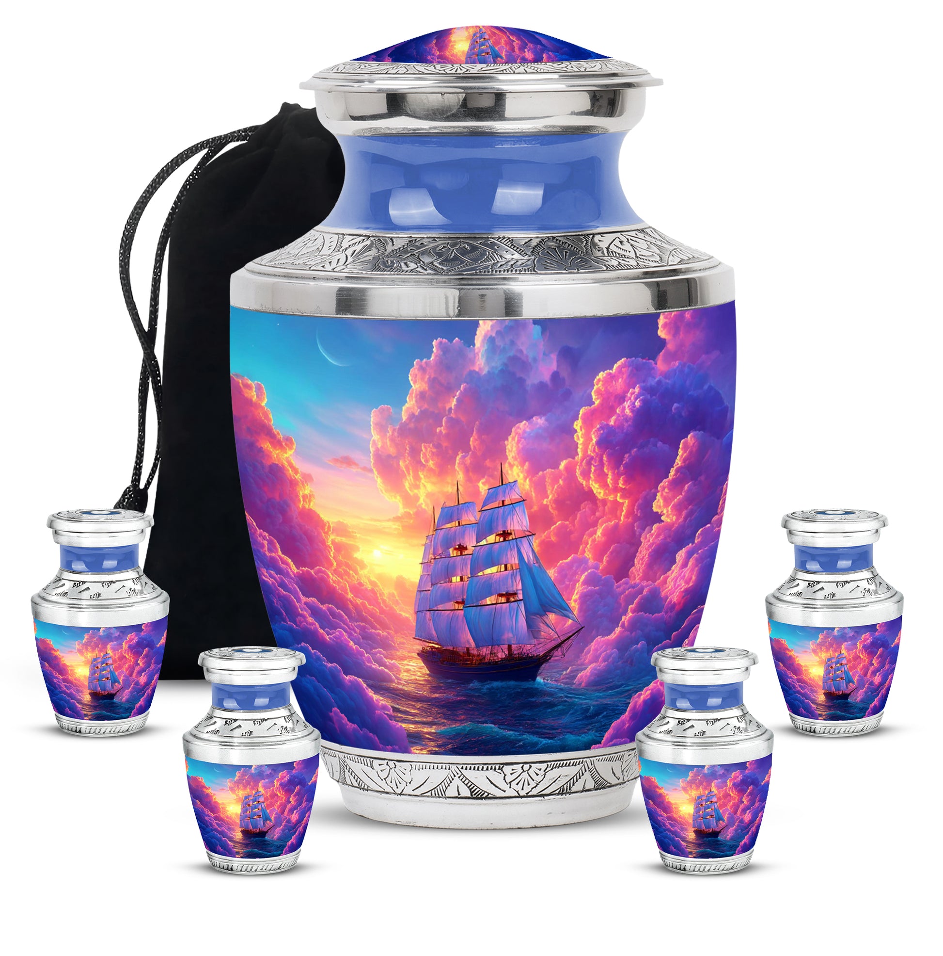 Royal Purple Boat Cremation Urn lifestyle display on memorial shelf - stylized abstract boat pattern with bold lines - memorial set with one large and four small urns
