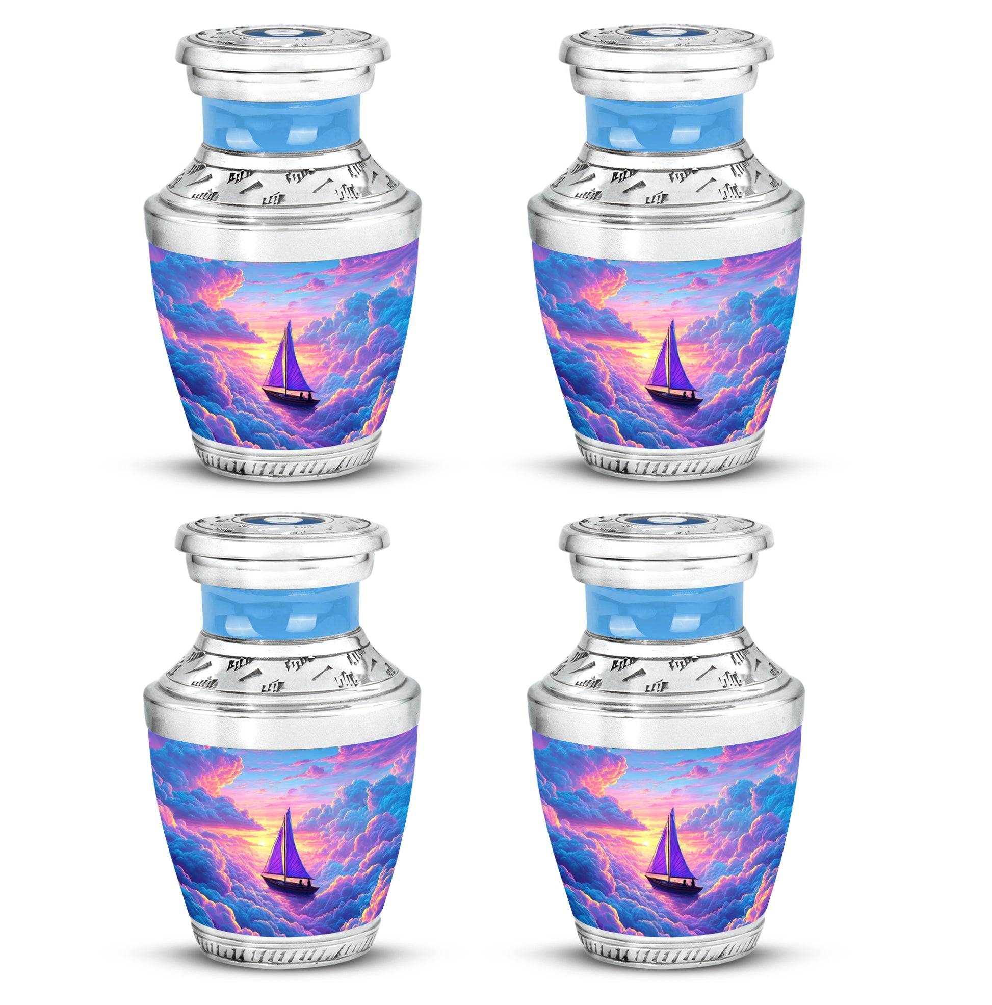 Indigo Boat Cremation Urn back view with polished surface - contemporary boat design with modern artistic flair - 10 inch aluminum urn for cremated remains
