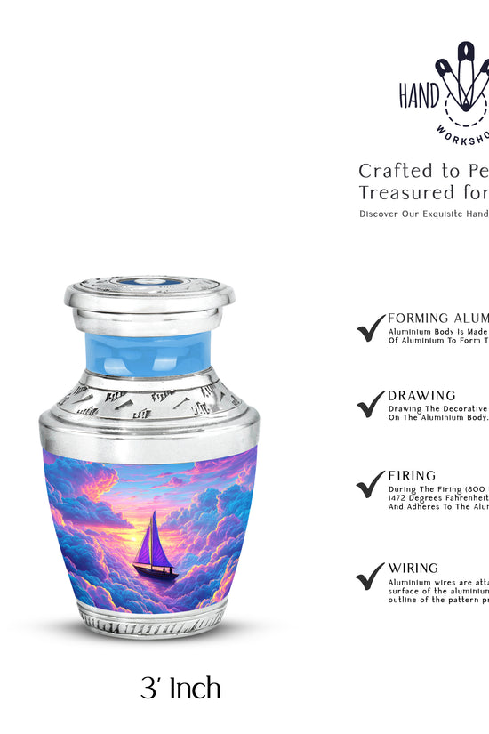 Cobalt Blue Boat Cremation Urn top-down view of secure threaded lid - artistic boat interpretation with creative detail - mini keepsake memorial for portion of cremation ashes
