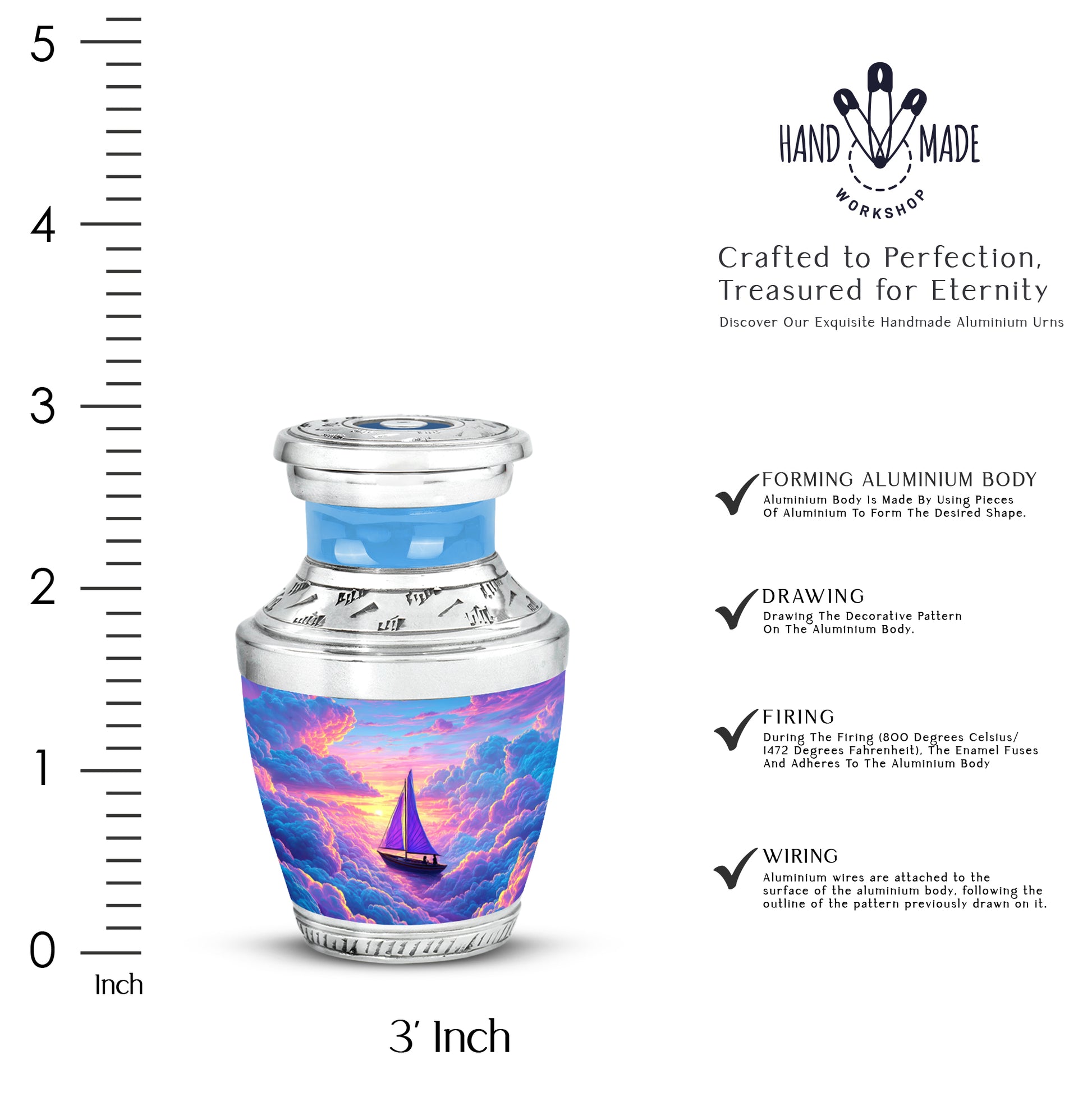 Cobalt Blue Boat Cremation Urn top-down view of secure threaded lid - artistic boat interpretation with creative detail - mini keepsake memorial for portion of cremation ashes