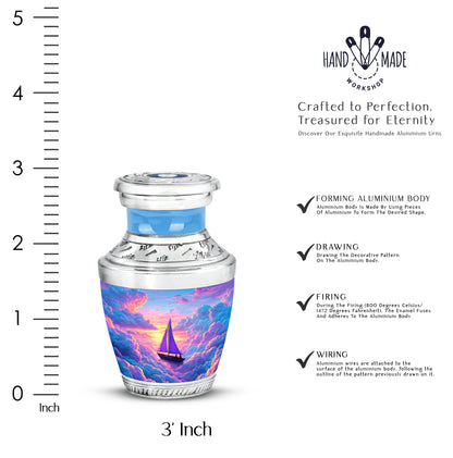 Cobalt Blue Boat Cremation Urn top-down view of secure threaded lid - artistic boat interpretation with creative detail - mini keepsake memorial for portion of cremation ashes