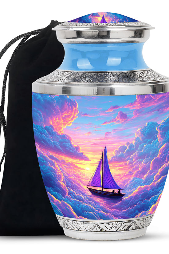 Serene Blue Boat Cremation Urn side profile showing urn shape - artistic boat interpretation with creative detail - full-size 10 inch 200 cubic inch adult cremation urn