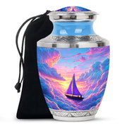 Serene Blue Boat Cremation Urn side profile showing urn shape - artistic boat interpretation with creative detail - full-size 10 inch 200 cubic inch adult cremation urn