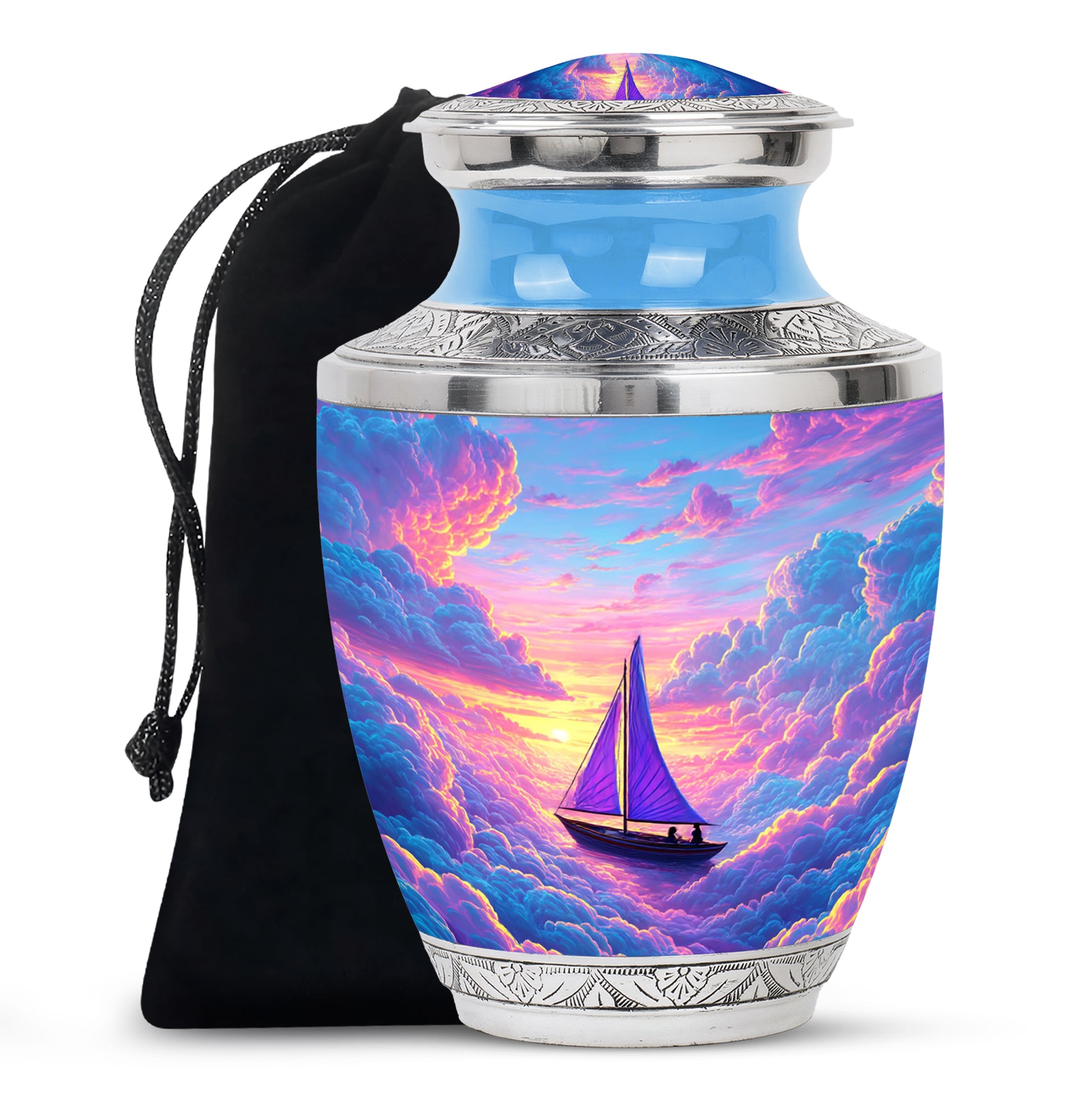 Serene Blue Boat Cremation Urn side profile showing urn shape - artistic boat interpretation with creative detail - full-size 10 inch 200 cubic inch adult cremation urn
