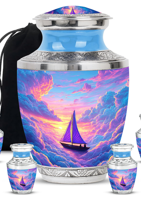 Soft Blue Boat Cremation Urn lifestyle display on memorial shelf - artistic boat interpretation with creative detail - memorial set with one large and four small urns