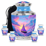 Soft Blue Boat Cremation Urn lifestyle display on memorial shelf - artistic boat interpretation with creative detail - memorial set with one large and four small urns