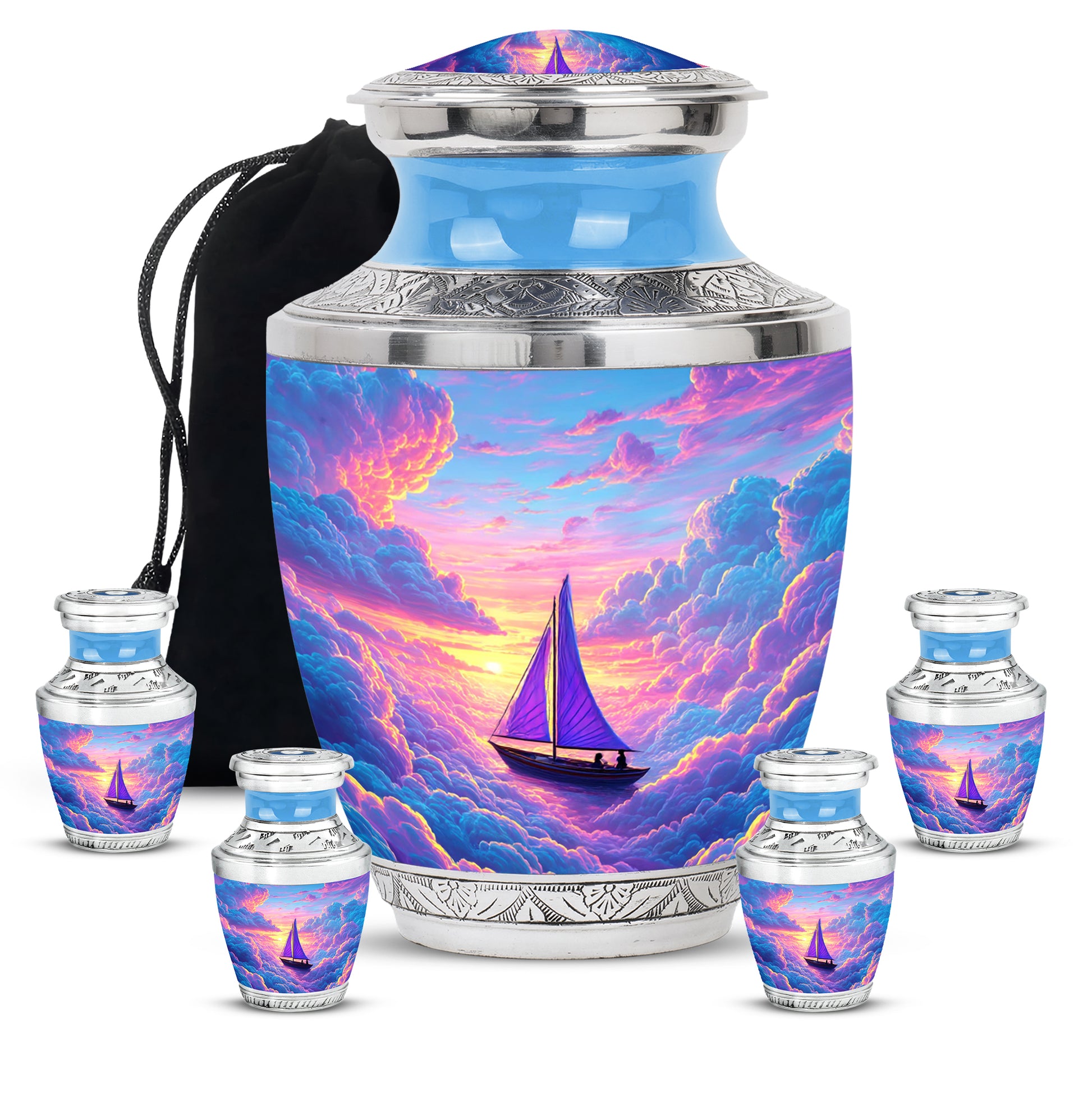 Soft Blue Boat Cremation Urn lifestyle display on memorial shelf - artistic boat interpretation with creative detail - memorial set with one large and four small urns