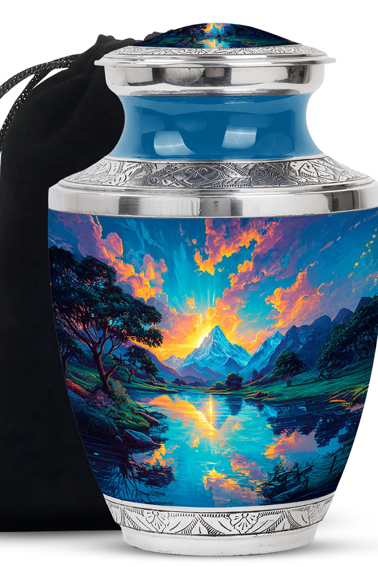 Sunset Mountain Lake Cremation Urn - Peaceful Nature Funeral Urn For Adult Ashes