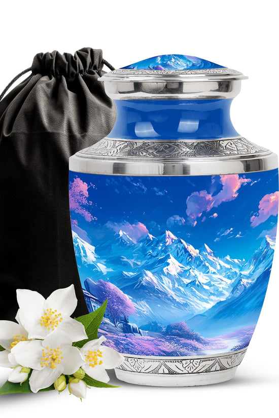 Beautiful Snow Mountain Funeral Urn For Ashes - Blue Large Memorial Urn For Ashes