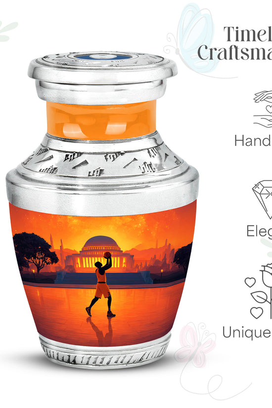 Fiery Red Basketball Cremation Urn top-down view of secure threaded lid - stylized abstract basketball pattern with bold lines - mini keepsake memorial for portion of cremation ashes