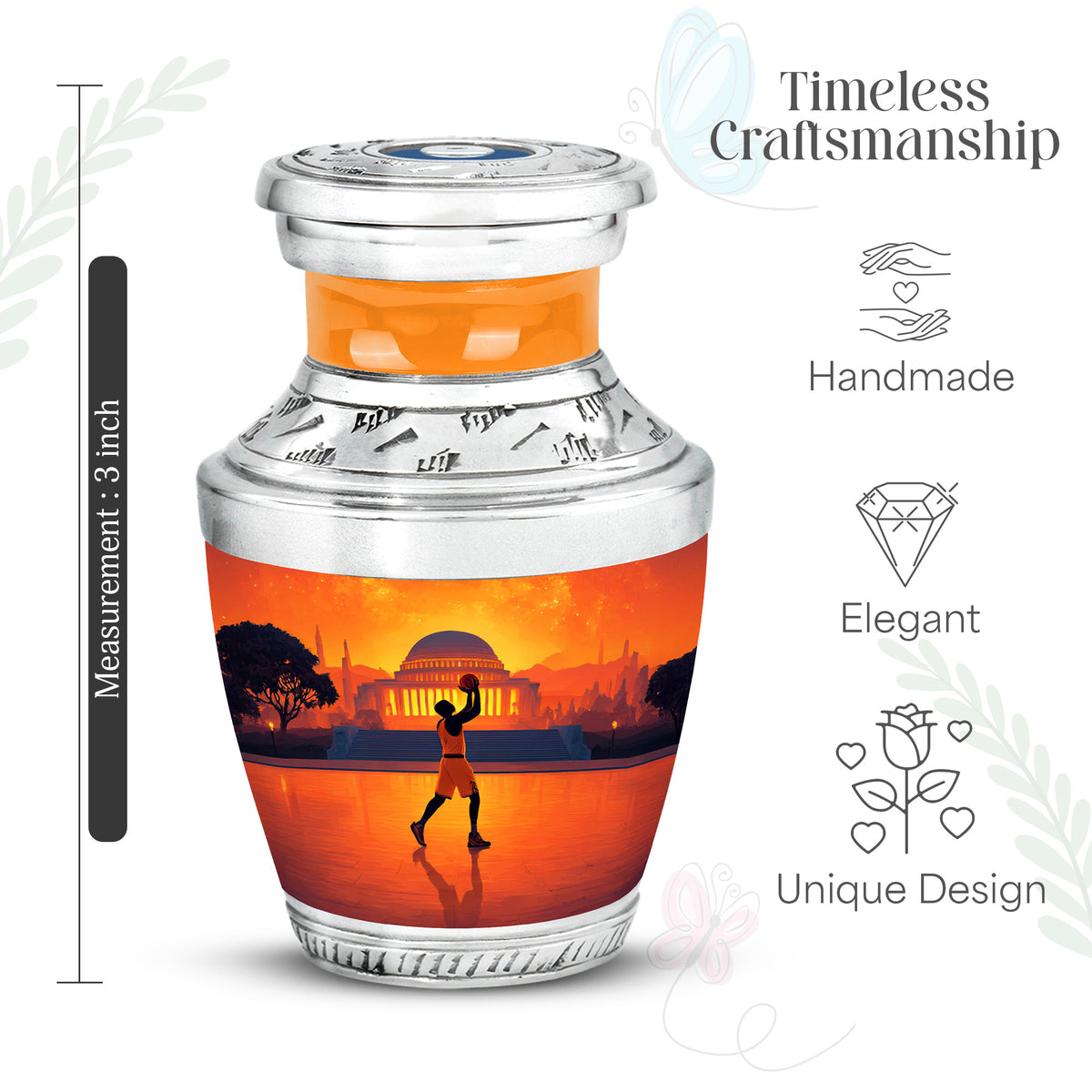 Fiery Red Basketball Cremation Urn top-down view of secure threaded lid - stylized abstract basketball pattern with bold lines - mini keepsake memorial for portion of cremation ashes