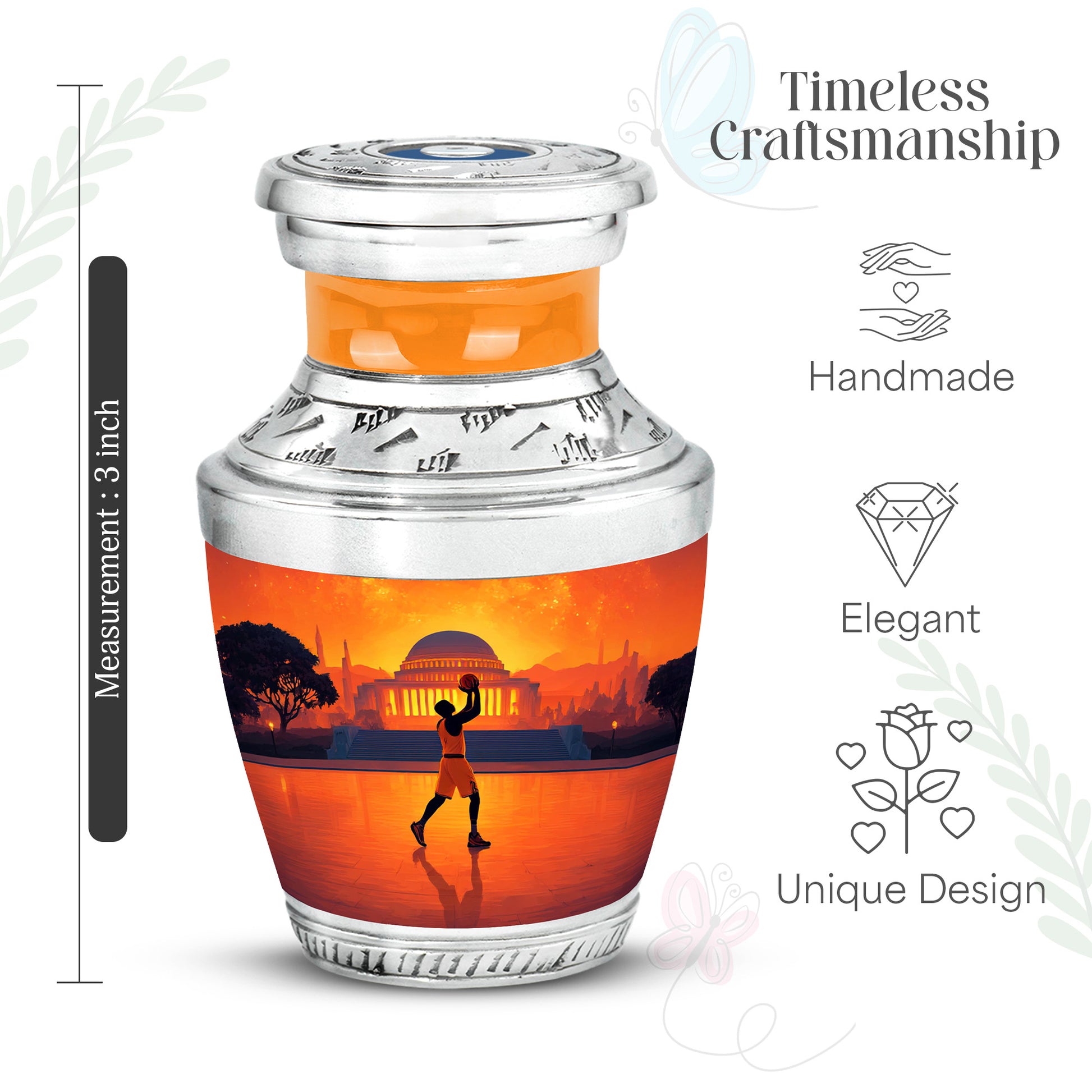 Fiery Red Basketball Cremation Urn top-down view of secure threaded lid - stylized abstract basketball pattern with bold lines - mini keepsake memorial for portion of cremation ashes