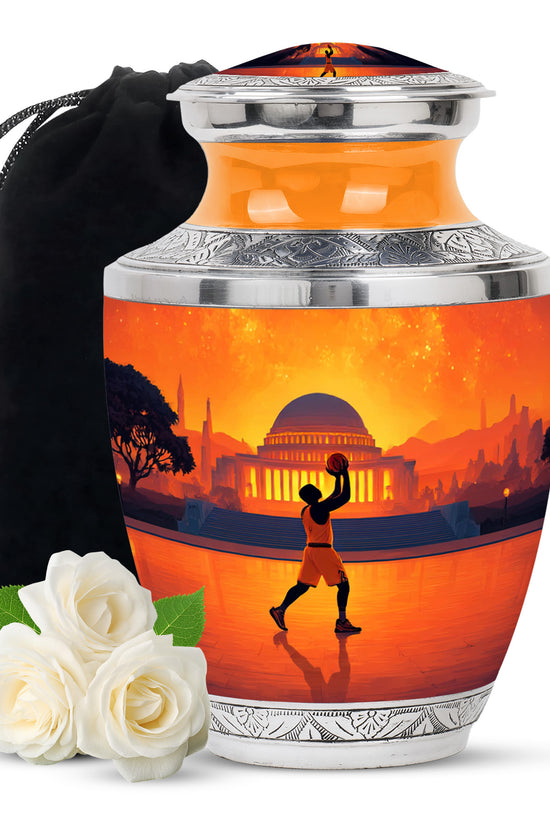 Scarlet Red Basketball Cremation Urn side profile showing urn shape - artistic basketball interpretation with creative detail - full-size 10 inch 200 cubic inch adult cremation urn